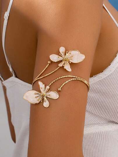 1 Pc Elegant Geometric Floral Enamel Minimalist Bangle Bracelet For Women, Versatile Fashion Accessory
