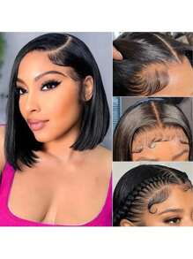 Straight Bob Wig Human Hair 13x4 Transparent Lace Frontal Wigs Human Hair 180% Density Short Bob Wigs For Women Pre Plucked Brazilian Hair Wigs With Baby Hair Natural Color - Natural Black - Xem 3