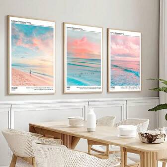 Set di 3 dipinti murali in tema costiero pastello, stampa colorata di spiaggia, onde dell oceano, ideale per decorazione di case al mare, cartellone da muro in camera da letto, soggiorno, appartamento, dorm, decorazione moderna per la casa, senza cornice