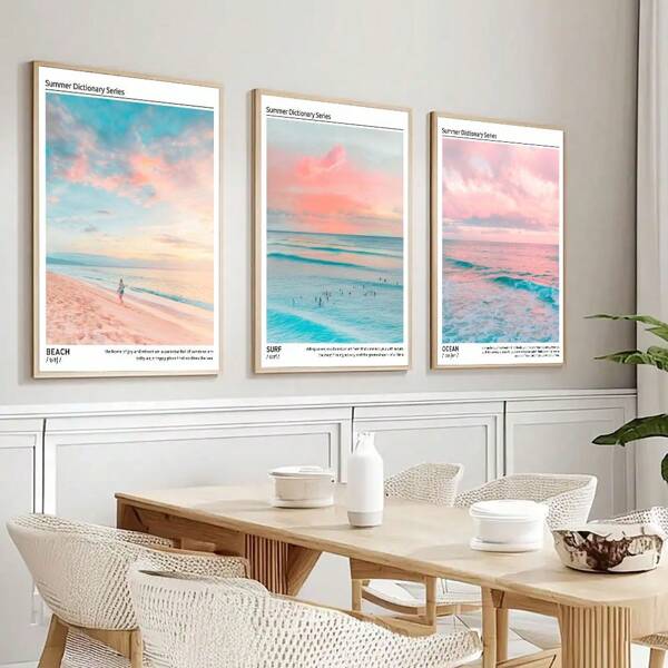 Pastel Coast Wall Painting Set Of 3, Colorful Beach Surf Ocean Definition Print, Modern Beach House Decor Bedside Poster, Beach Gallery Wall, Perfect For Dorm, Apartment, Bedroom, Living Room, Modern Home Decor Unframed