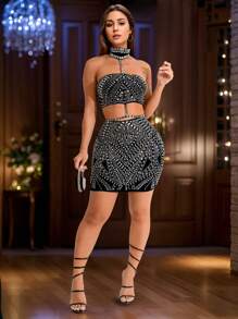 Rochie midi elegantă, fără mâneci, cu strasuri, pe umeri, potrivită pentru cocktailuri, zile de naștere, sărbători, vară