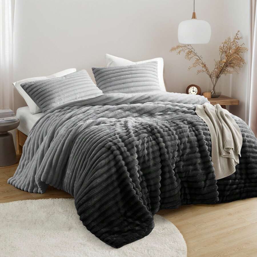 Fluffy Ribbed 2/3 Pieces Cord-Textured Bedding Comforter Set,Plush 300 Gsm Fabric For Weighty Durability And Softness Comforter Sets,2 Pieces Set For Twin-Twin XL Size,3 Pieces Set For Full-Queen-King-CAL King Size,Cozy All-Season Home Textile For Stylish Home Bedroom Décor,Modern Room Decor,Summer Prmo, Halloween Christmas Thanks Giving Gifts - Ombre xám - Xem 1