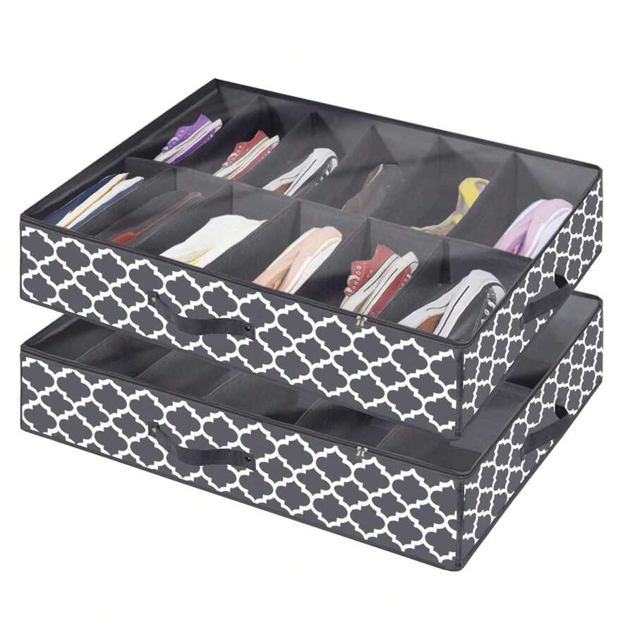 Large Under Bed Shoe Organizer (12 Pairs X 2) - Underbed Shoes Closet Storage Solution With Metal Zipper And 2 Handles, Breathable, 29.3"X23.6"X5.9", Linen-Like Grey