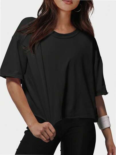 LKESRC Women's Summer Casual Loose Plain Basic Short Sleeve Straw Top T Shirt