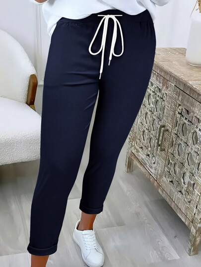 Women Fashion Casual Solid Color Drawstring Waist Ankle Pants