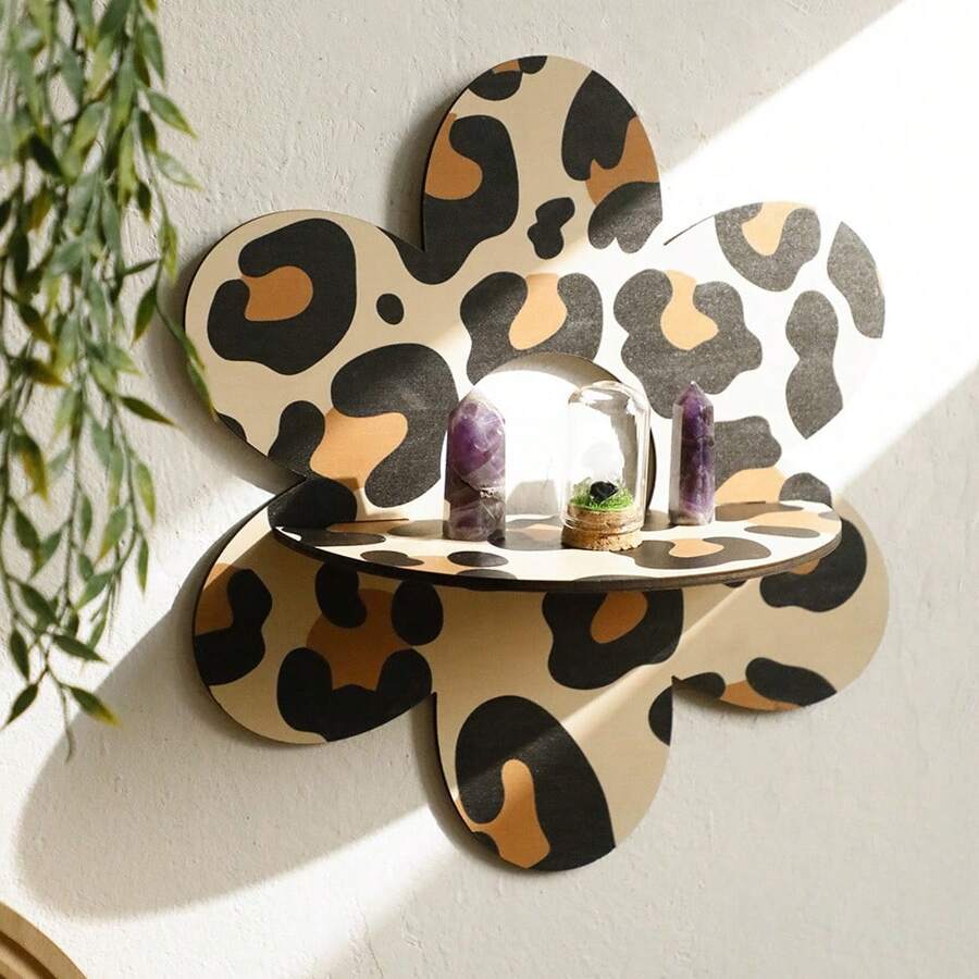 1pc Bohemian Leopard Pattern Wooden Flower Shaped Wall Crystal Storage Holder, Minimalist Decor For Home - Ms10061 - View 1