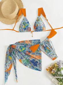 Random Paisley Print Light Blue Padded Top With Gold Accent, Matching Triangle Bikini Bottoms And Sarong 3pcs Swimsuit Set, Beach Vacation Style - Multicolor-orange - View 1