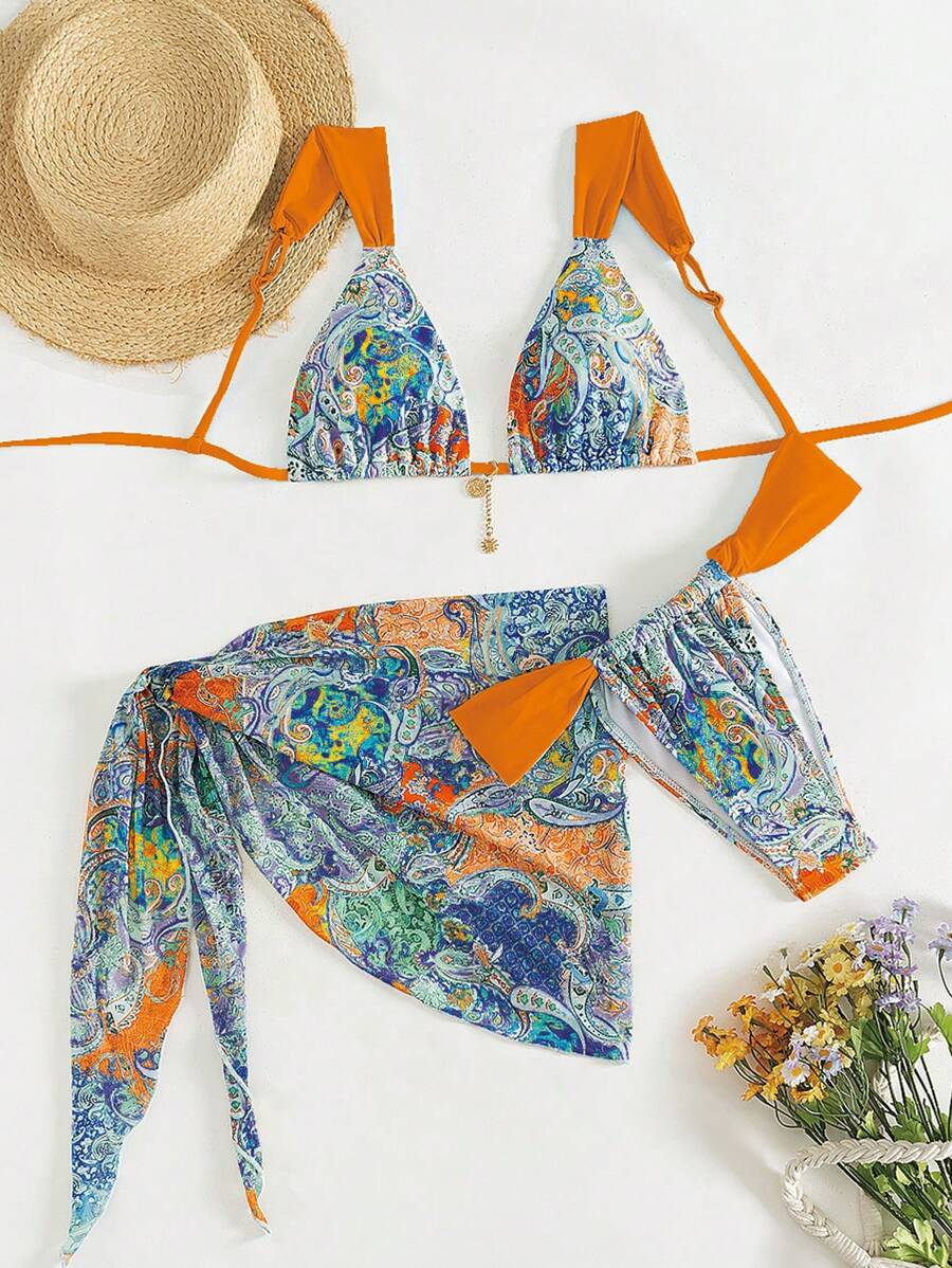 Random Paisley Print Light Blue Padded Top With Gold Accent, Matching Triangle Bikini Bottoms And Sarong 3pcs Swimsuit Set, Beach Vacation Style - Multicolor-orange - View 1