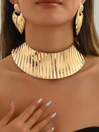 3pcs Set African Geometric Metal Chunky Choker Necklace + Earrings, Female Jewelry Set With Creative Smooth Stripe & Teardrop Design, Punk Style For Daily, Party, Gift