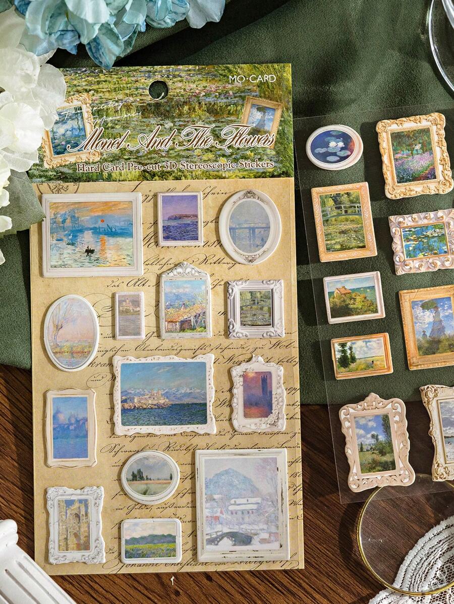 MOCARD 2 tờ/gói nhãn dán cứng phong cách hội họa Châu Âu cổ điển, nhãn dán trang trí thẩm mỹ sáng tạo cho sổ lưu niệm, đồ thủ công tự làm, quà tặng, văn phòng phẩm cá nhân hóa cho trường học, đồ dùng học tập, trở lại trường học - màu xanh lá - Xem 1
