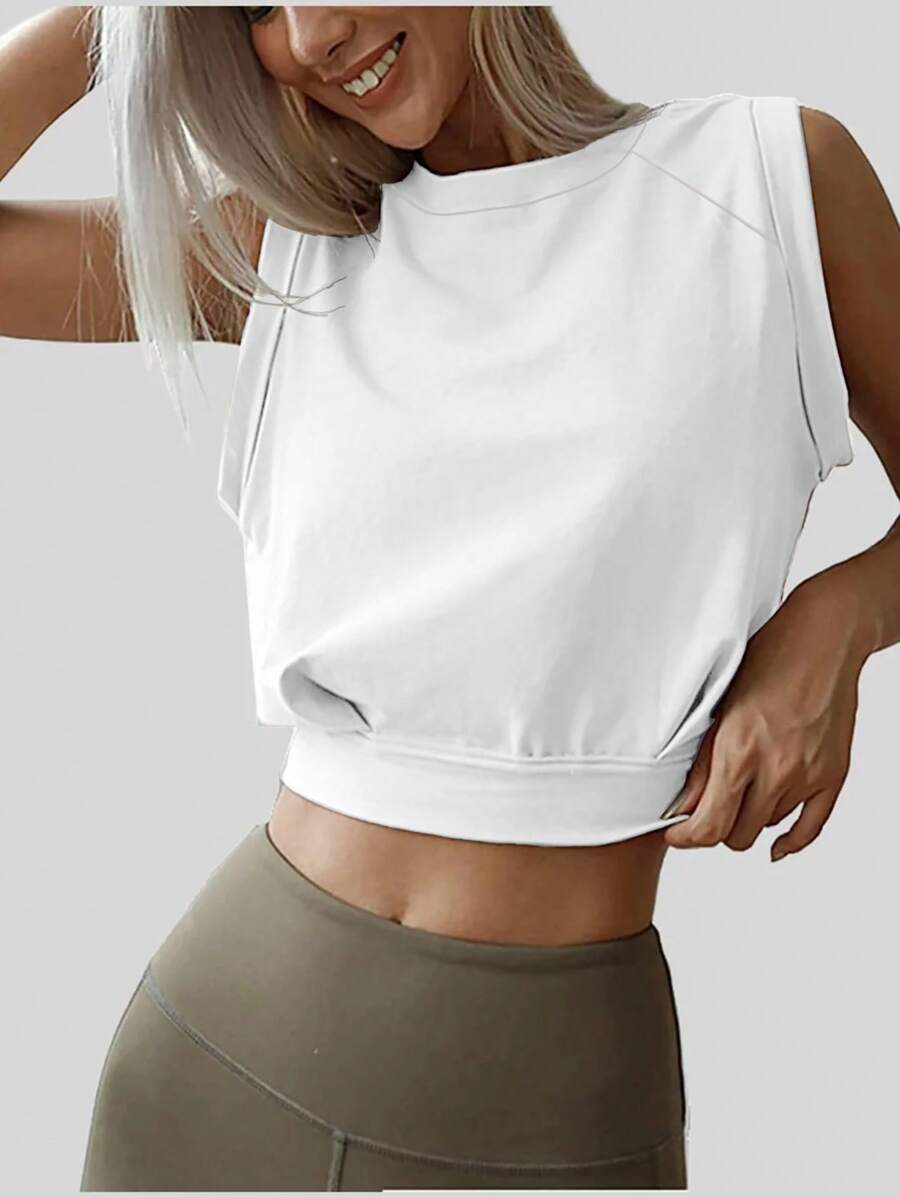 Fashionable Solid Color Casual Sports Crop Top - White - View 1