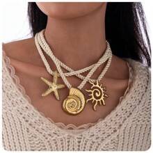 1pc Fashionable Luxury 18K Gold Stainless Steel Sea Conch, Starfish And Sun Pendant Necklace, Versatile Accessory For Women