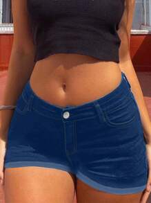 Cross-Border Popular American Hottie Mid-Waist Sexy Ultra-Short Women's Jeans Summer Design Curled Shorts - Dark Wash - View 5