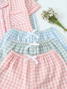 3pcs Set Plaid Button Collar Short Sleeve Top And Bowknot Shorts Women Pajamas Suit, Comfortable For Home Wear, Spring/Summer - Nhiều màu - Xem 5