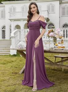 UNITHORSE 涤纶晚礼服女式露肩露胸垂坠亮片拼接露背高开衩礼服带面料、派对礼服、婚礼宾客礼服、正式礼服