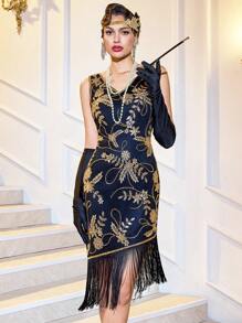 LVNES 1920s Black Golden Flapper Dress With Tassel And Sequin Embroidery, For Gatsby Party, Wedding Guest Dress, Prom Dress - Black Gold - View 6