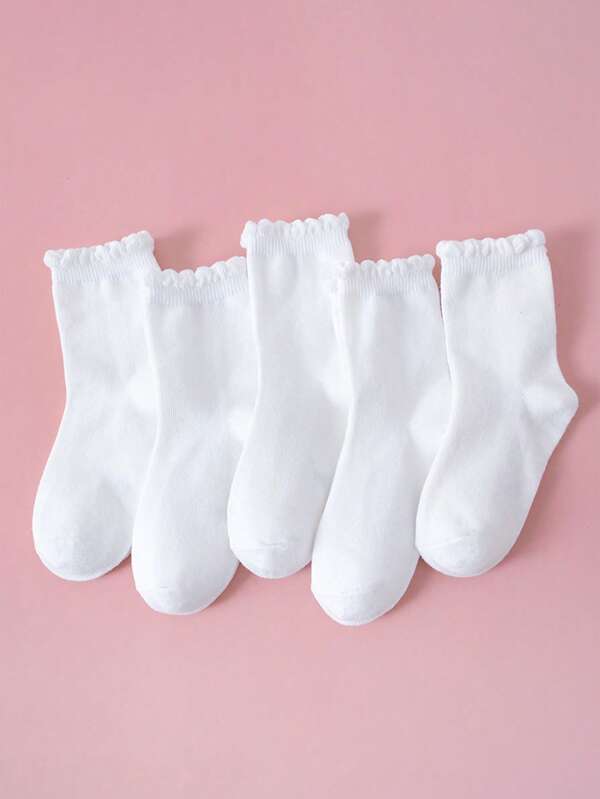 5 Pairs Children Plain Lace Socks, Minimalist Fashion Versatile, Skin-Friendly Soft Breathable Casual Athletic Socks, Suitable For Daily Life, Holidays, Travel, Back To School, Campus, Sports, New Semester, Students
