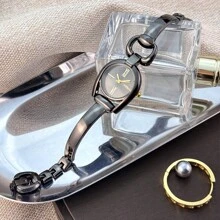 1 件女士简约枪黑色马蹄形表壳彩色表盘金属合金表带石英表，时尚适合日常佩戴 - 黑色 - 查看 6