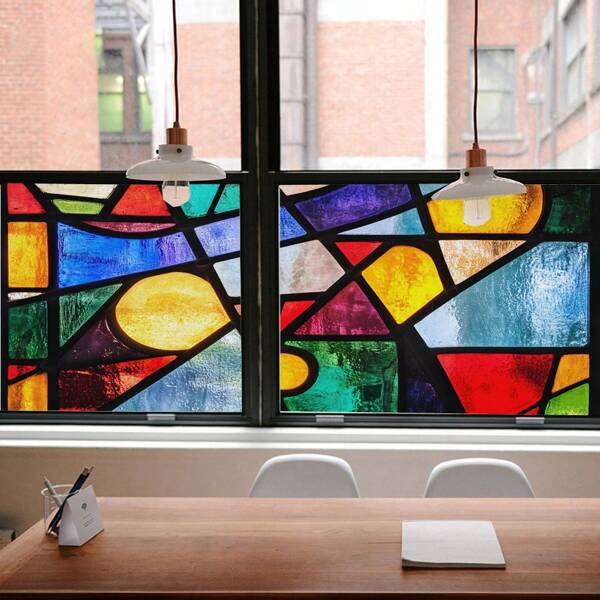 1pc Stained Glass Window Film,Color Blocks Geometry Static Cling Decorative Window Tinting Film Non-Adhesive Glass Window Decals Decor For Home Office Living Room Toilet Kitchen Door And Window