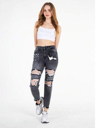 Women's Heart Print Pocket Distressed Skinny Casual Jeans, mångsidig