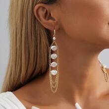 1 Pair Women Elegant & Noble Asymmetrical Faux Pearl Gold Tassel Earrings