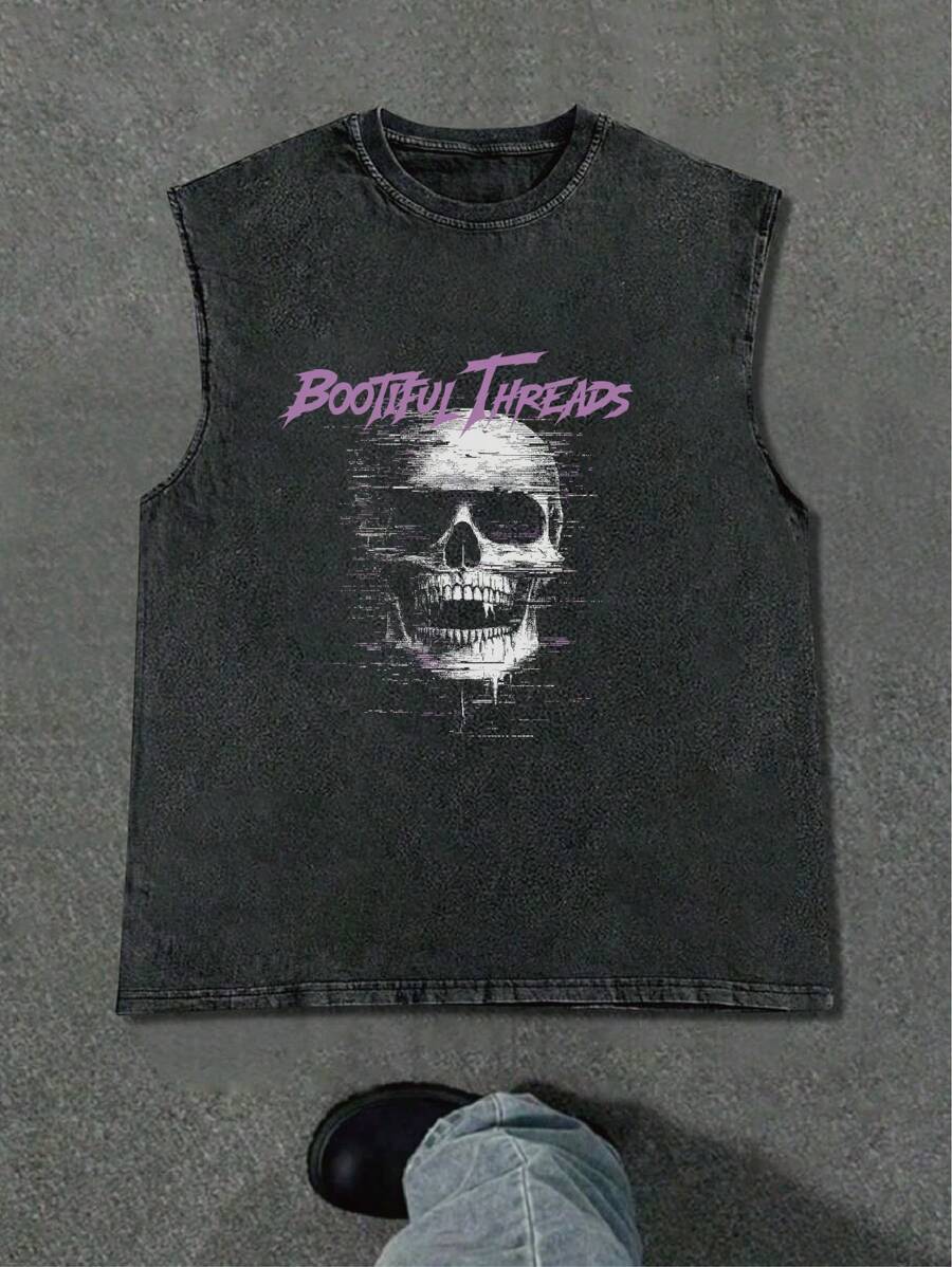 大码男士无袖街头时尚骷髅和“BOOT”字母印花背心，休闲，圆领，Y2K 风格，适合日常穿着