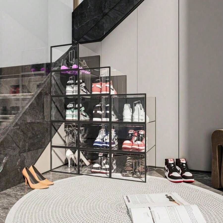 X-Large Shoe Storage Boxes 12 Pack  Shoe Organizer For Closet Clear Plastic Substitute Shoe Rack Foldable Durable Fit For Women/Men Shoes - Black - View 1