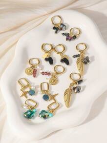 1 对女士不锈钢吊坠耳环，蝴蝶、羽毛、心形、三叶草和珍珠装饰