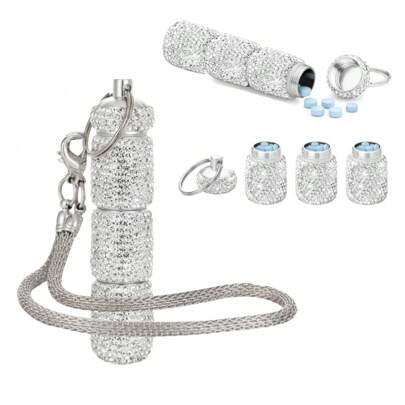 1pc 3-Compartment Pill Box With Rhinestones & Keychain, Rhinestone-Studded Metal Daily Morning/Noon/Night Medication Container