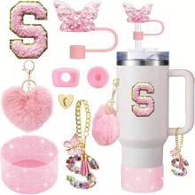8 piezas de accesorios para taza de 40 oz y 30 oz, incluyendo tapa con pajita, tapa de silicona a prueba de derrames, funda de silicona, cadena con dije de letra, pegatina, gancho en forma de corazón, pompones con forma de corazón y bola de pelo, ideal para camping, regalo del Día de San Valentín, Día de la Madre, útiles escolares