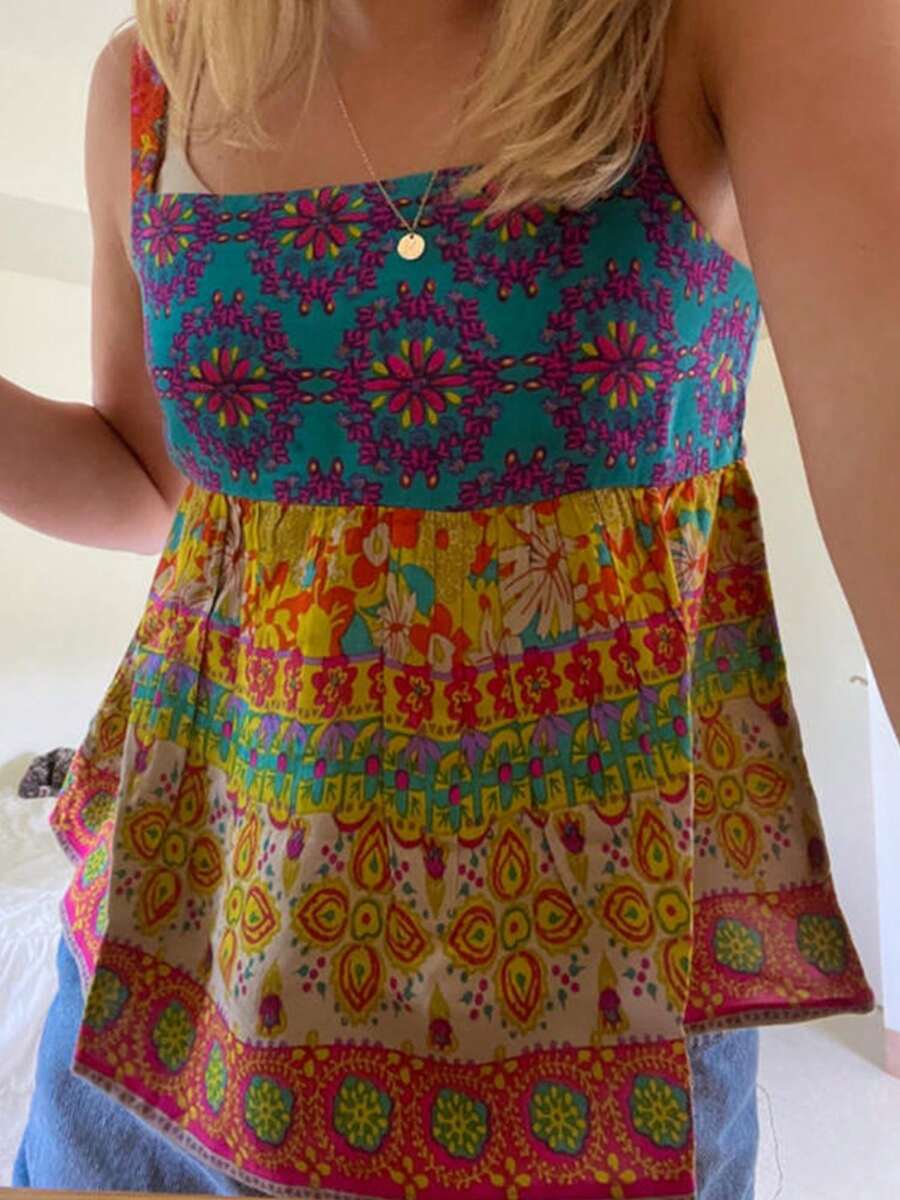 Women Summer Camisole Casual Vintage Floral Print Spaghetti Strap Tank Tops Sleeveless T-Shirt For Club Streetwear - Orange-red - View 1