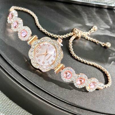 1pc Women's Flower Shaped Crystal Alloy Case Arabic Numeral Dial Colored Bead Pull Chain Fashion Quartz Watch
