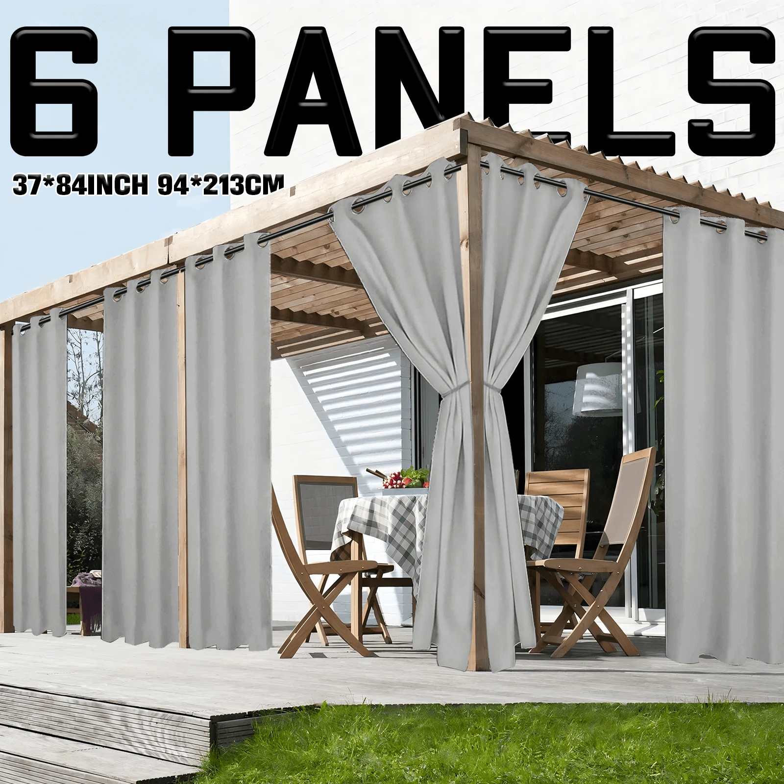 6 PANELS Outdoor Patio Curtains - Waterproof Grommet Top Curtains, White Woven Texture Exterior Curtains, Suitable For Pergolas, Porches, Gazebos, Cabins, Decks - Silver - View 1