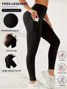 1 件口袋运动裤收腹提臀女式网眼透气纱布瑜伽紧身裤完美高腰修身裤适合跑步骑行瑜伽泡菜球运动休闲