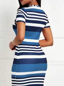 女士休闲撞色条纹修身连衣裙，夏季优雅 - 寶藍色 - 查看 2
