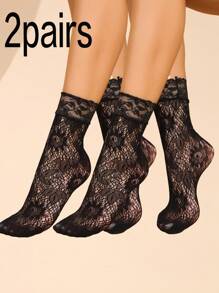 Women Lace Crew Socks, New Hollow-Out Mesh Socks, Women Mid-Calf Socks, Fall - Black - View 9