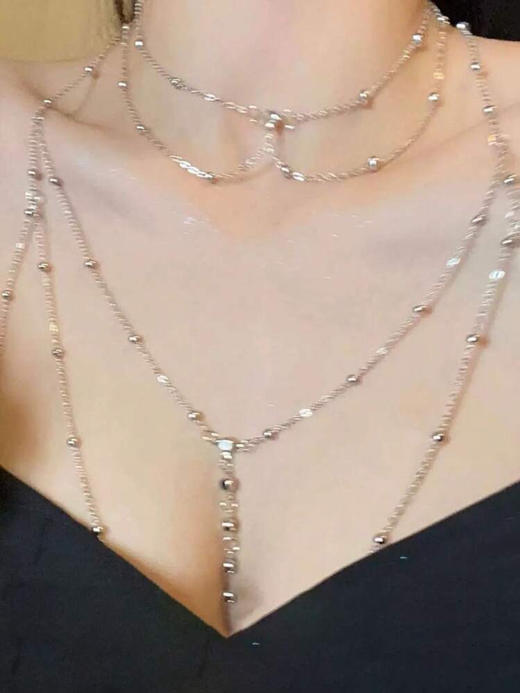 2pcs Women Sexy Body Chain Bikini Necklace Collarbone Chain Pendant Decoration Necklace Fashion Accessories, 1 Chest Chain + 1 Collarbone Chain For Rave - Multicolor - View 10