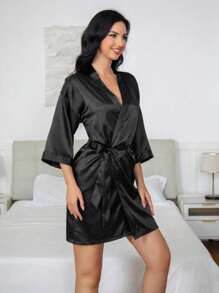 1件女士白色睡袍，适合婚礼伴娘、新娘、女友派对、新娘派对，绣花浴袍，婚礼派对户外节日派对用品，家居浴室装饰，夏季、秋季和冬季 - 黑色伴娘浴袍 - 查看 4