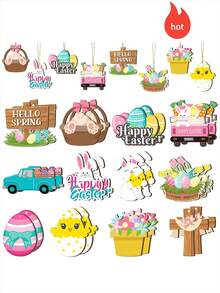 12pcs/24pcs/36pcs Spring Easter Wooden Decorations, Easter Eggs, Rabbits, Chicks, Carrots, Flower Trays, Happy Easter Hollow Wooden Hanging Ornaments, Best Gifts For Birthday, Party, Home, Classroom Decor - Multicolor - View 2