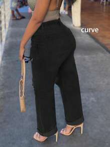 跨境新品热卖美式街头风宽松休闲破洞潮流个性腰部松紧女大码牛仔裤