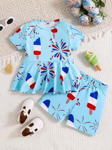 Letni strój: koszulka z falbanką u dołu dla młodych pań i spodenki rowerowe, elastyczna sukienka z krótkim rękawem i nadrukiem w patriotyczne lody i fajerwerki z legginsami, idealna na prezenty, Dzień Niepodległości, imprezy - Niebieski - Zobacz 1