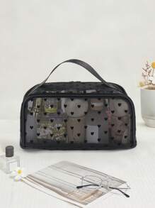 1pc Women Classic Mesh Heart Shaped Cosmetic Bag, Large Capacity Makeup Organizer Bag, Fashion Travel Toiletry Bag Suitable For Work, School & Travel