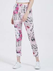 Womens Newspaper Inspired Stretchy Printed Leggings - Pink - View 3
