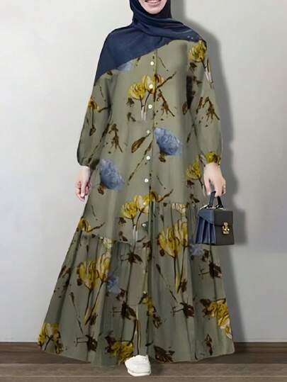 Eleganter Damen Bademantel mit ganzflächigem Blumendruck in Knöchellänge, züchtiger Kaftan