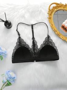 Embroidered Lace Translucent Sexy Lingerie Bra - Black - View 6