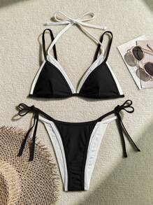全新撞色系带性感吊带比基尼套装 - 黑色 - 查看 1