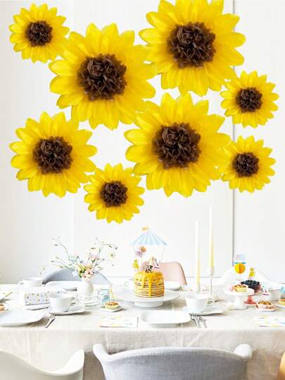 8pcs/Set 12in/8in Yellow Sunflower Paper Tissue Pom Pom Paper Flower Decoration Set, DIY Craft Kit Suitable For Summer Birthday/Baby Shower/Back To School Party & Event Decor