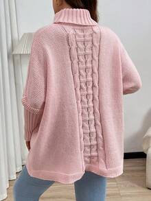 Plus Size Casual Loose Solid Color Turtleneck Knit Pullover Sweater, For Winter - Pink - View 3