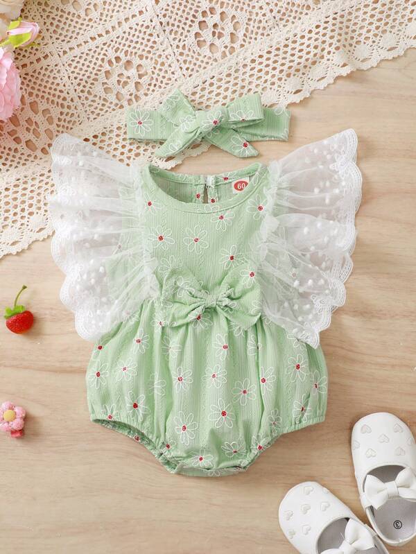 Pelele de manga larga con estampado floral verde y encaje para bebé niña, traje de verano adorable estilo princesa