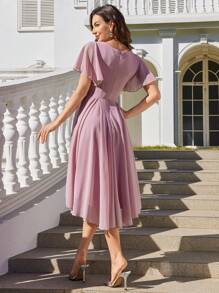 UNITHORSE Robe de femme à encolure en V, manches à volants, taille serrée, robe longue pour cocktail, soirée, faite de tissu, robe de demoiselle d'honneur - Rose bonbon - Voir 3